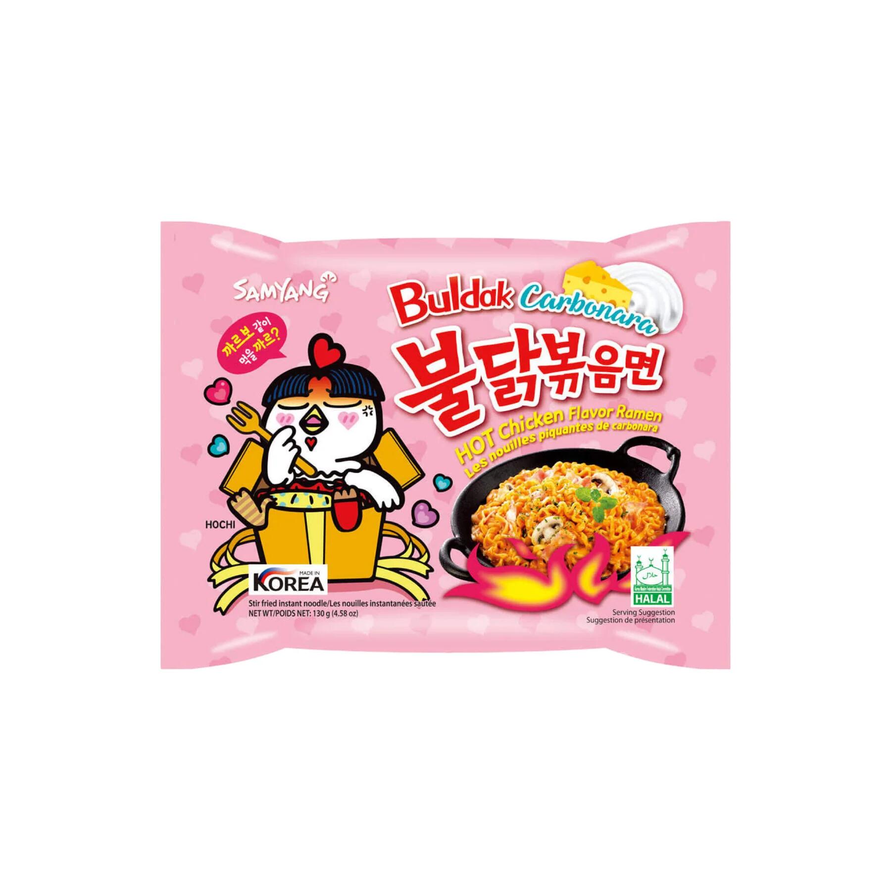 Samyang Buldak Carbonara 140г – гостра корейська локшина зі смаком курки та ніжного соусу карбонара. Ідеальний баланс пряності та вершковості.