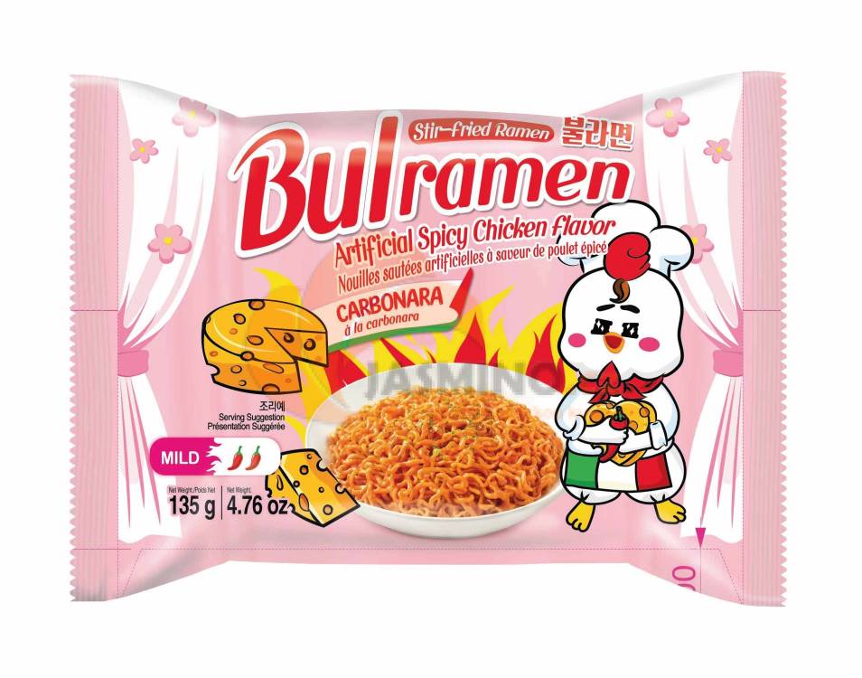 Локшина швидкого приготування Bulramen Спайс Чікен Карбонара, 135 г – гостра курка з соусом карбонара, фото упаковки